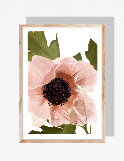 Illustrated pink poppy flower with dark center and green leaves on a white background — artwork by Rebecca Illustrated