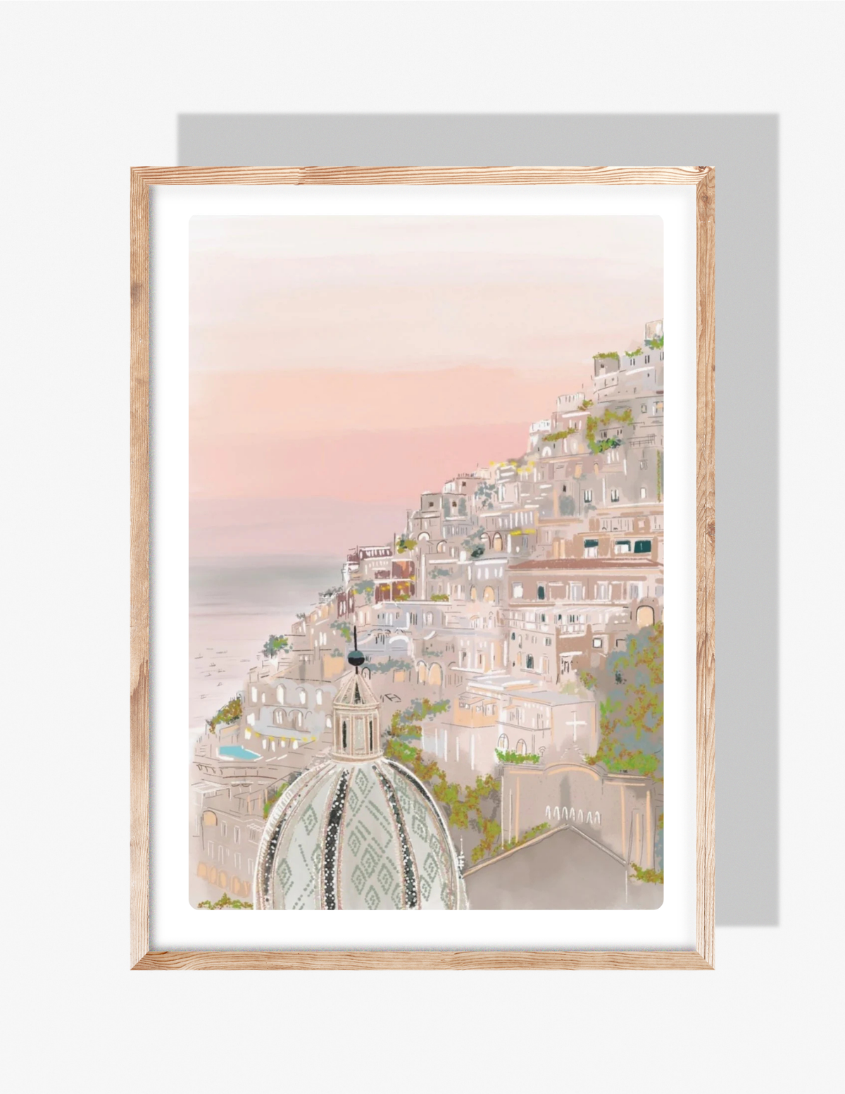 Illustration of Positano, Italy at sunset with hillside homes, pastel sky, and the iconic dome of Santa Maria Assunta Church, by Rebecca Illustrated.
