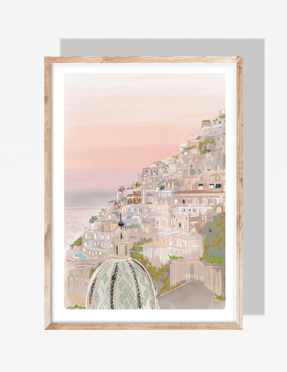 Illustration of Positano, Italy at sunset with hillside homes, pastel sky, and the iconic dome of Santa Maria Assunta Church, by Rebecca Illustrated.