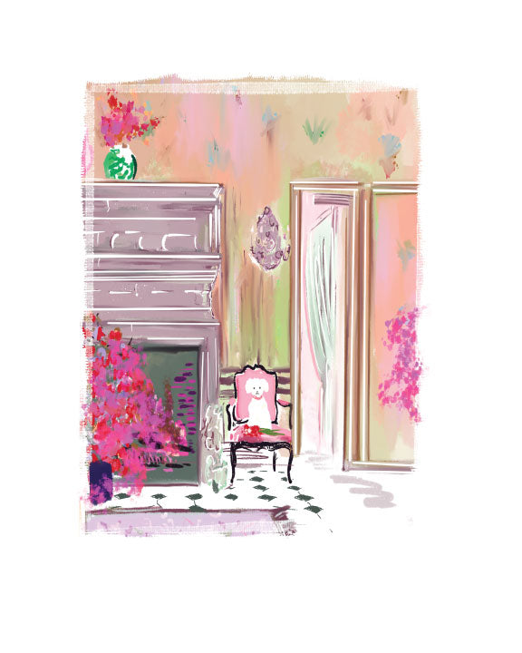 Greeting card with an illustrated elegant interior scene featuring a decorative chair, fireplace, and florals in soft pastel colors, blank interior