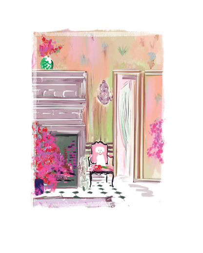 Greeting card with an illustrated elegant interior scene featuring a decorative chair, fireplace, and florals in soft pastel colors, blank interior