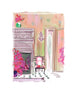 Greeting card with an illustrated elegant interior scene featuring a decorative chair, fireplace, and florals in soft pastel colors, blank interior