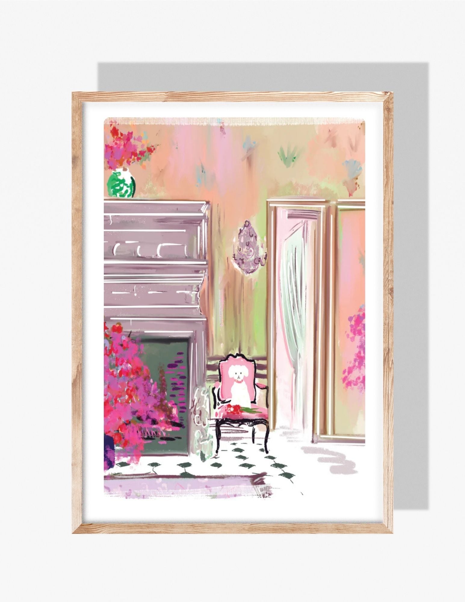 Whimsical interior art print by Rebecca Illustrated featuring a pastel room with a fireplace, floral arrangements, and a pink vintage chair.