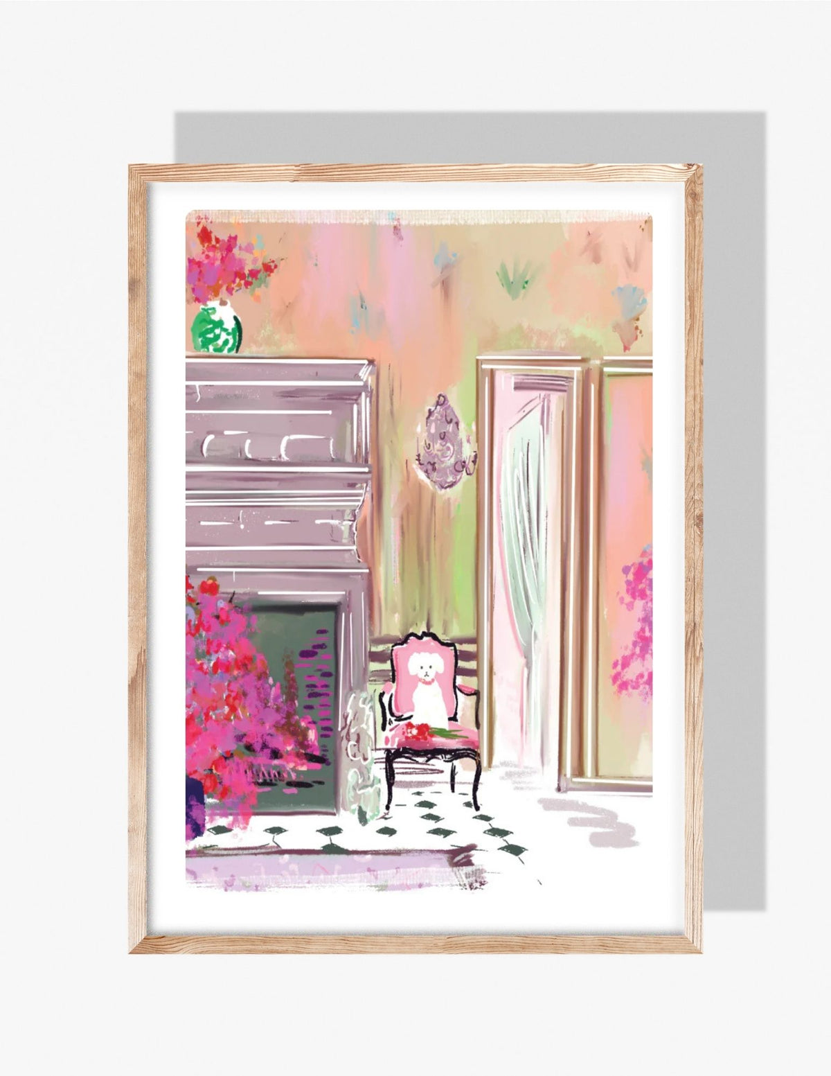 Whimsical interior art print by Rebecca Illustrated featuring a pastel room with a fireplace, floral arrangements, and a pink vintage chair.