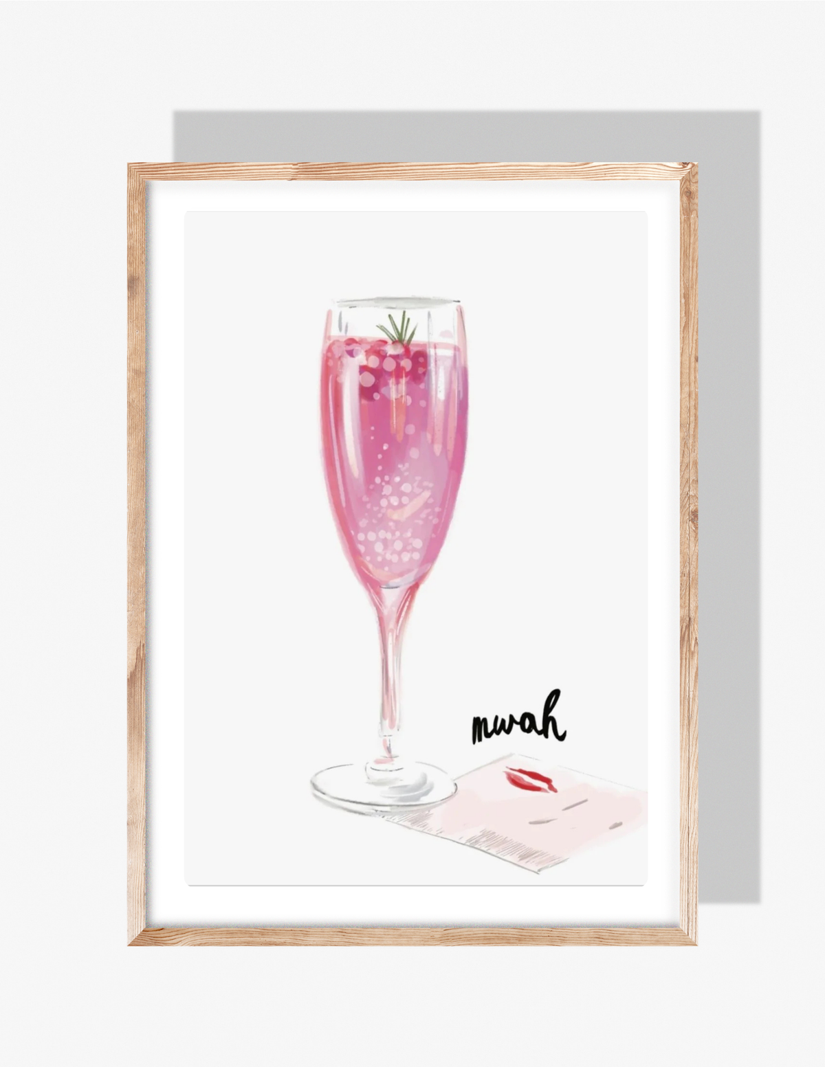 Illustration of a pink sparkling cocktail in a champagne flute with berries and rosemary, next to a note with a lipstick kiss, by Rebecca Illustrated.