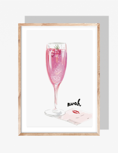 Illustration of a pink sparkling cocktail in a champagne flute with berries and rosemary, next to a note with a lipstick kiss, by Rebecca Illustrated.