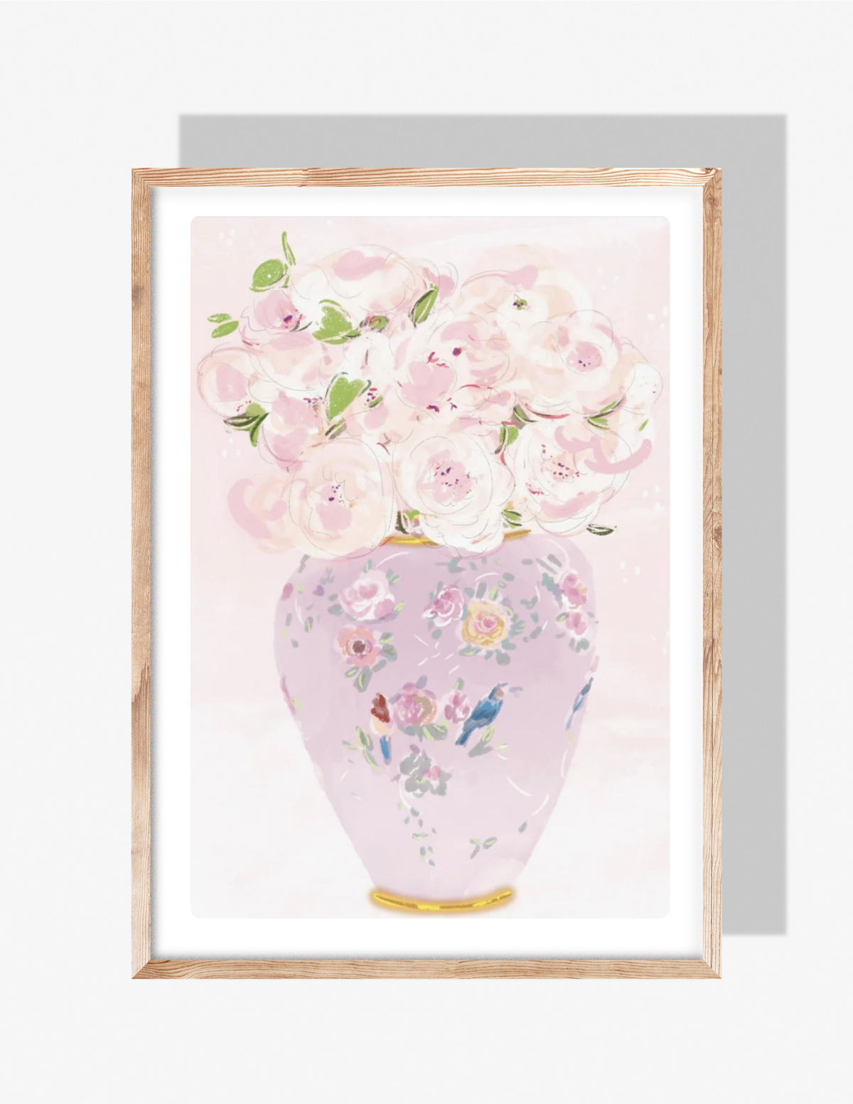 Pastel illustration of a pink floral vase filled with soft blush flowers, feminine chinoiserie-style art by Rebecca Illustrated.