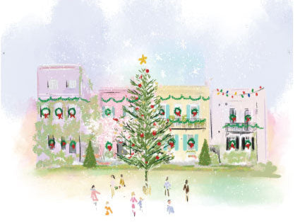 Christmas illustration of Charleston’s Rainbow Row with holiday decorations, wreaths, garlands, and a Christmas tree — art by Rebecca Illustrated.