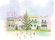 Christmas illustration of Charleston’s Rainbow Row with holiday decorations, wreaths, garlands, and a Christmas tree — art by Rebecca Illustrated.