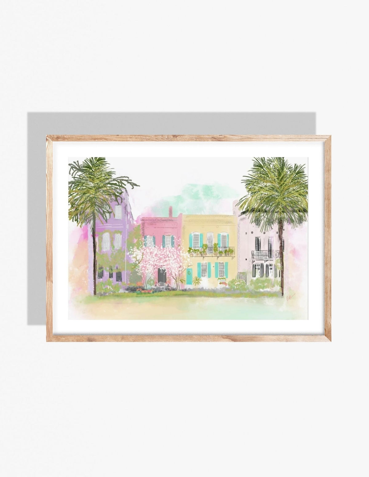 Pastel watercolor illustration of Charleston’s Rainbow Row with palm trees and blooming spring flowers, by artist Rebecca Illustrated.