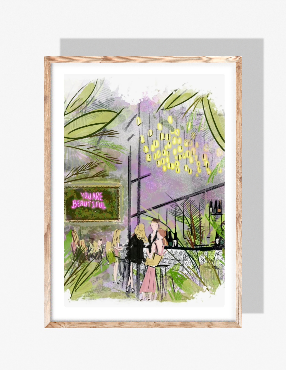 Illustration of Republic Garden & Lounge bar scene in Charleston with neon ‘You Are Beautiful’ sign, hanging lights, greenery, and people socializing, by Rebecca Illustrated.