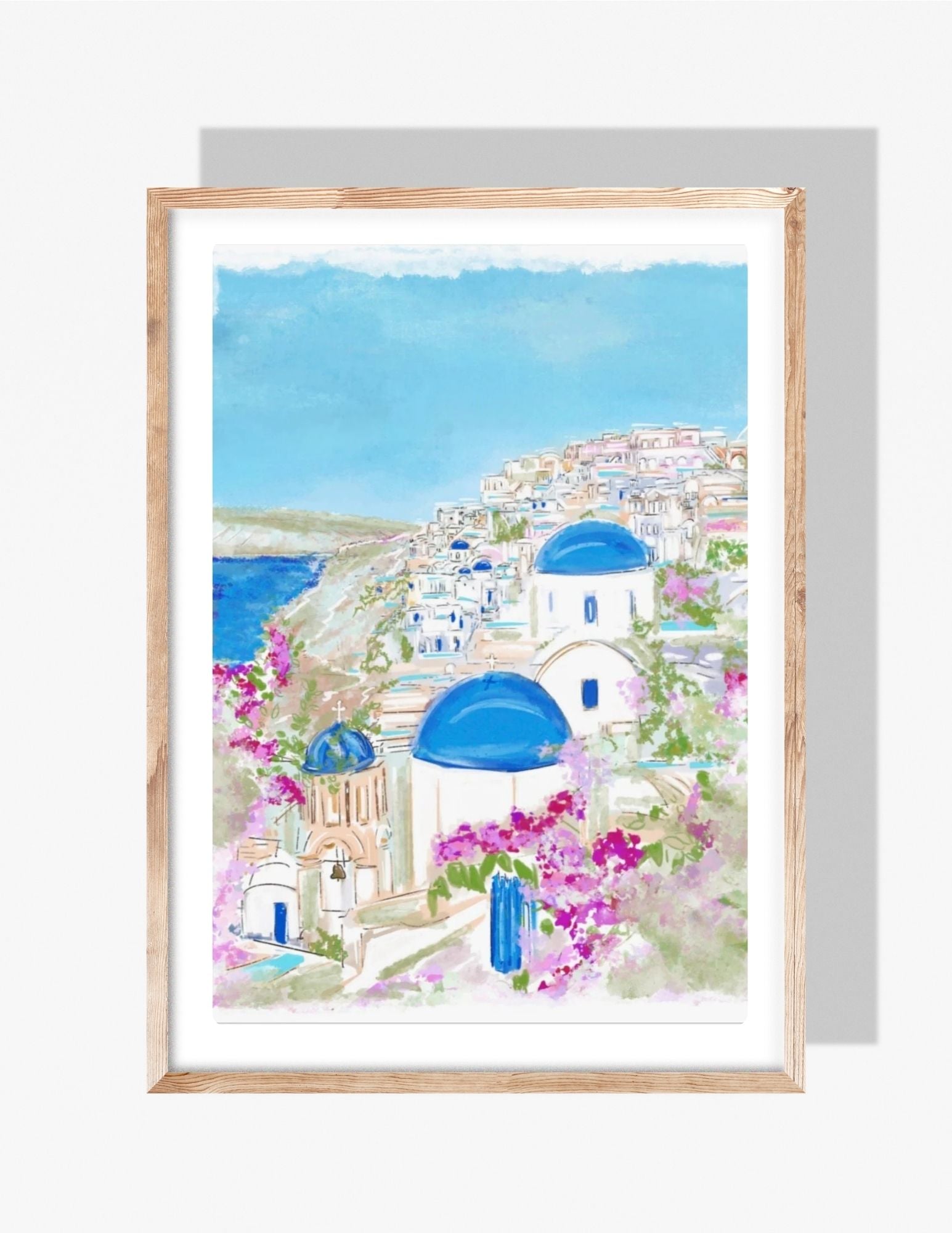 Illustration of Santorini, Greece featuring blue-domed churches, white hillside architecture, pink bougainvillea, and the Aegean Sea — artwork by Rebecca Illustrated.
