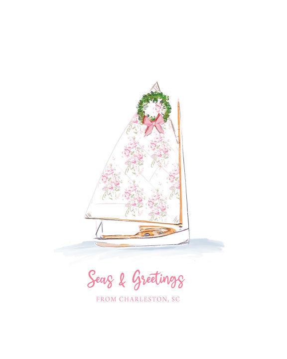 Coastal Christmas greeting card with an illustrated sailboat decorated with a wreath and the text “Seas & Greetings from Charleston, SC,” blank interior