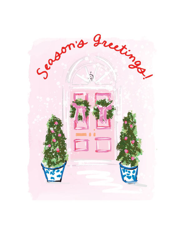 Christmas greeting card with an illustrated candy jar filled with holiday sweets and the text “Merry Christmas to you” on a pink striped background, blank interior