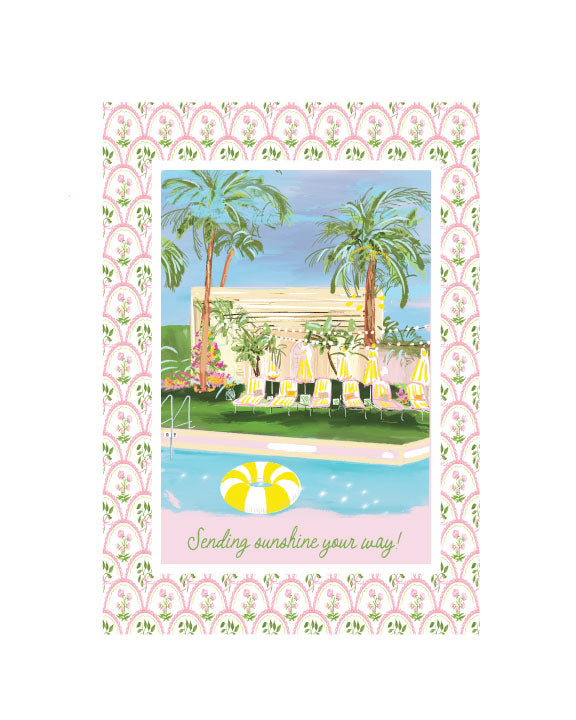 Illustrated greeting card featuring a sunny poolside scene with palm trees, lounge chairs, umbrellas, and the phrase “Sending sunshine your way,” by Rebecca Illustrated.