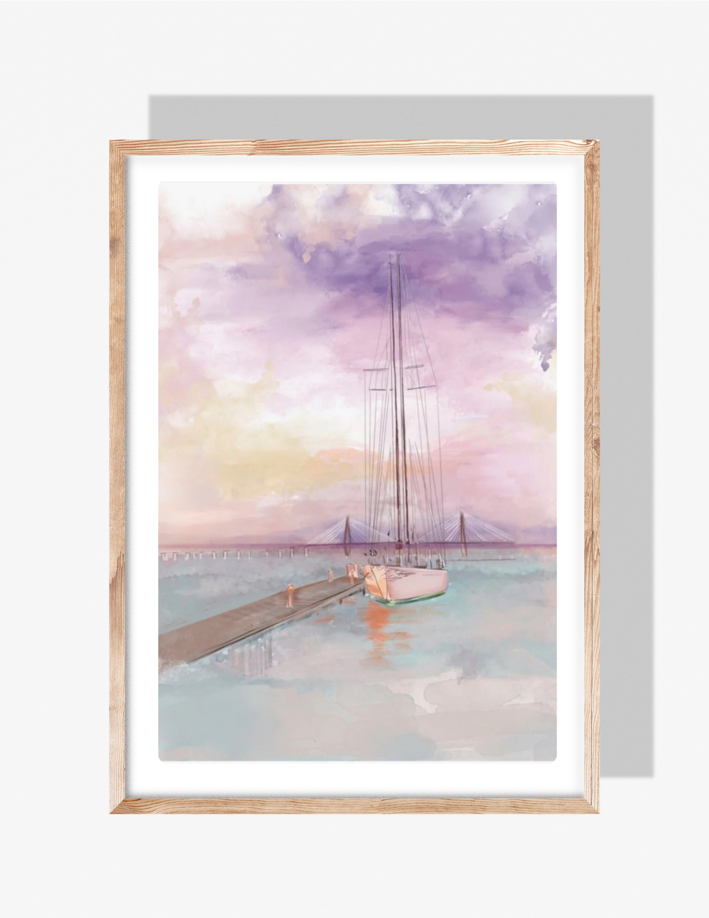 Pastel watercolor illustration of a sailboat docked at Shem Creek during a purple and pink sunset with the Ravenel Bridge in the distance, by artist Rebecca Illustrated.