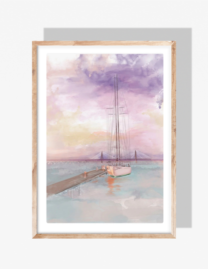 Pastel watercolor illustration of a sailboat docked at Shem Creek during a purple and pink sunset with the Ravenel Bridge in the distance, by artist Rebecca Illustrated.