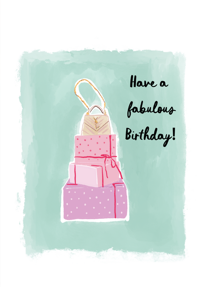 Illustrated fabulous birthday greeting card featuring stacked gift boxes and a handbag with the text “Have a Fabulous Birthday!” by Rebecca Illustrated