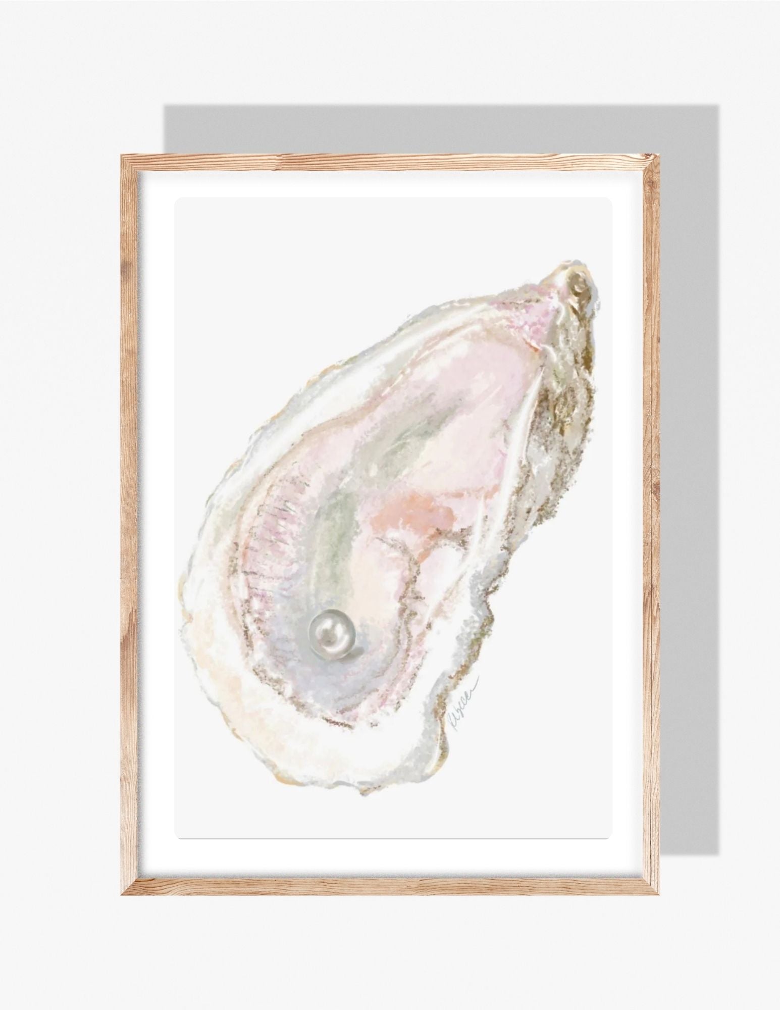 Watercolor-style illustration of a single oyster with a pearl in soft pastel tones, artwork by Rebecca Illustrated.