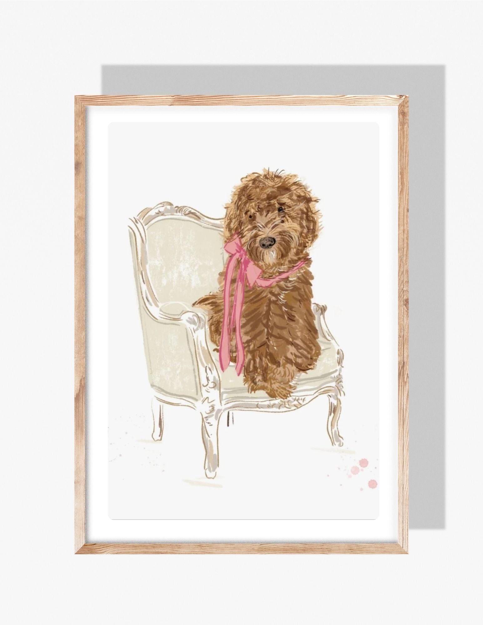 illustrated brown doodle dog with a pink bow sitting on a vintage cream chair, artwork by Rebecca Illustrated.