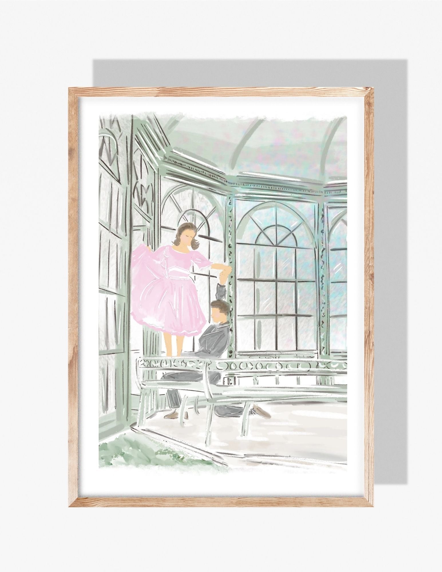 A pastel Bridgerton inspired illustration by Rebecca Illustrated featuring a romantic dance scene inside an ornate garden pavilion, with a woman in a pink dress being lifted gracefully by her partner.