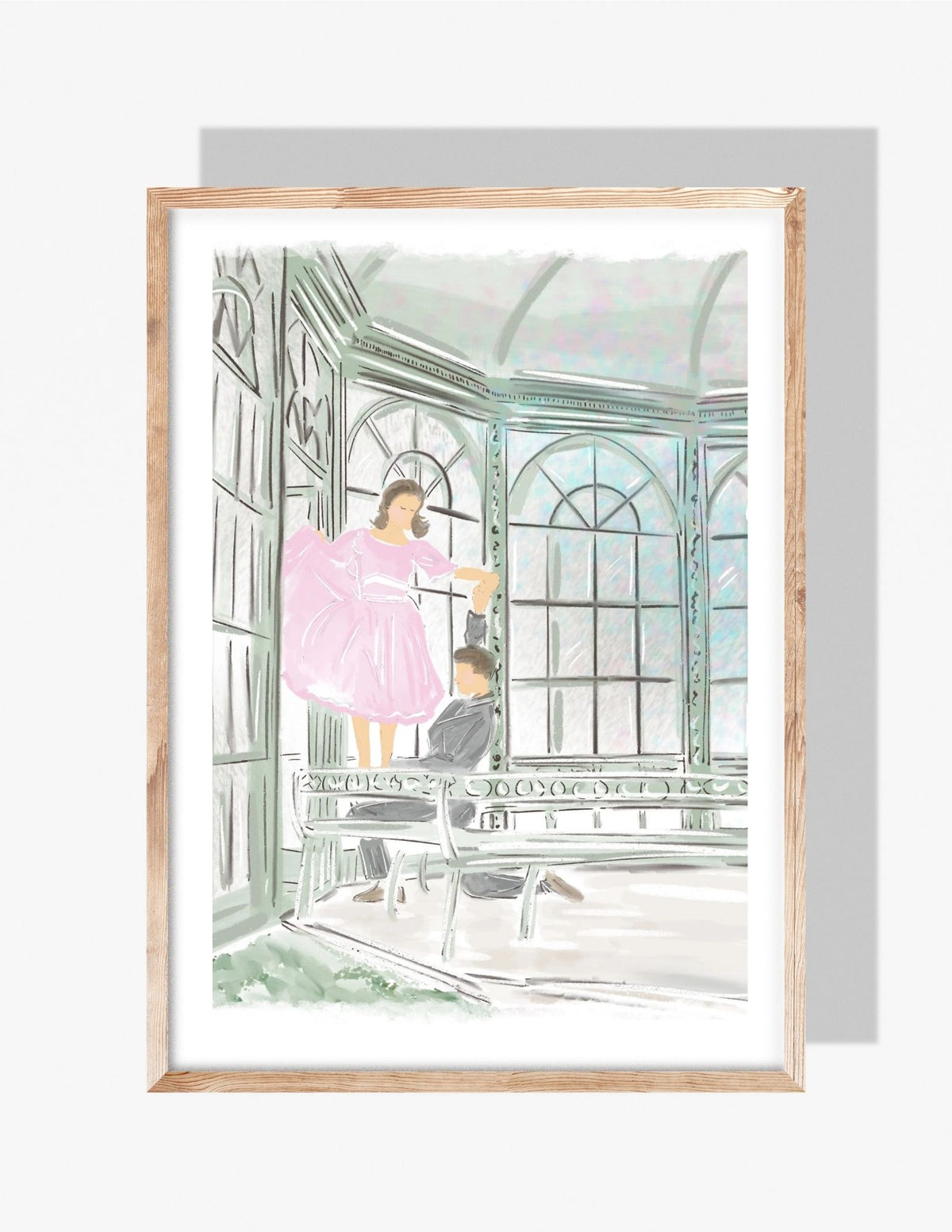 A pastel Bridgerton inspired illustration by Rebecca Illustrated featuring a romantic dance scene inside an ornate garden pavilion, with a woman in a pink dress being lifted gracefully by her partner.