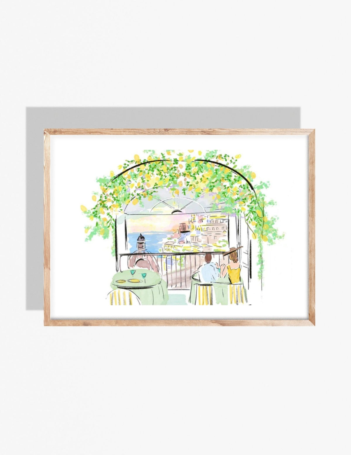 Illustration of a romantic Italian seaside dinner beneath a lemon tree arch with a coastal village view, painted in a soft watercolor style by Rebecca Illustrated.