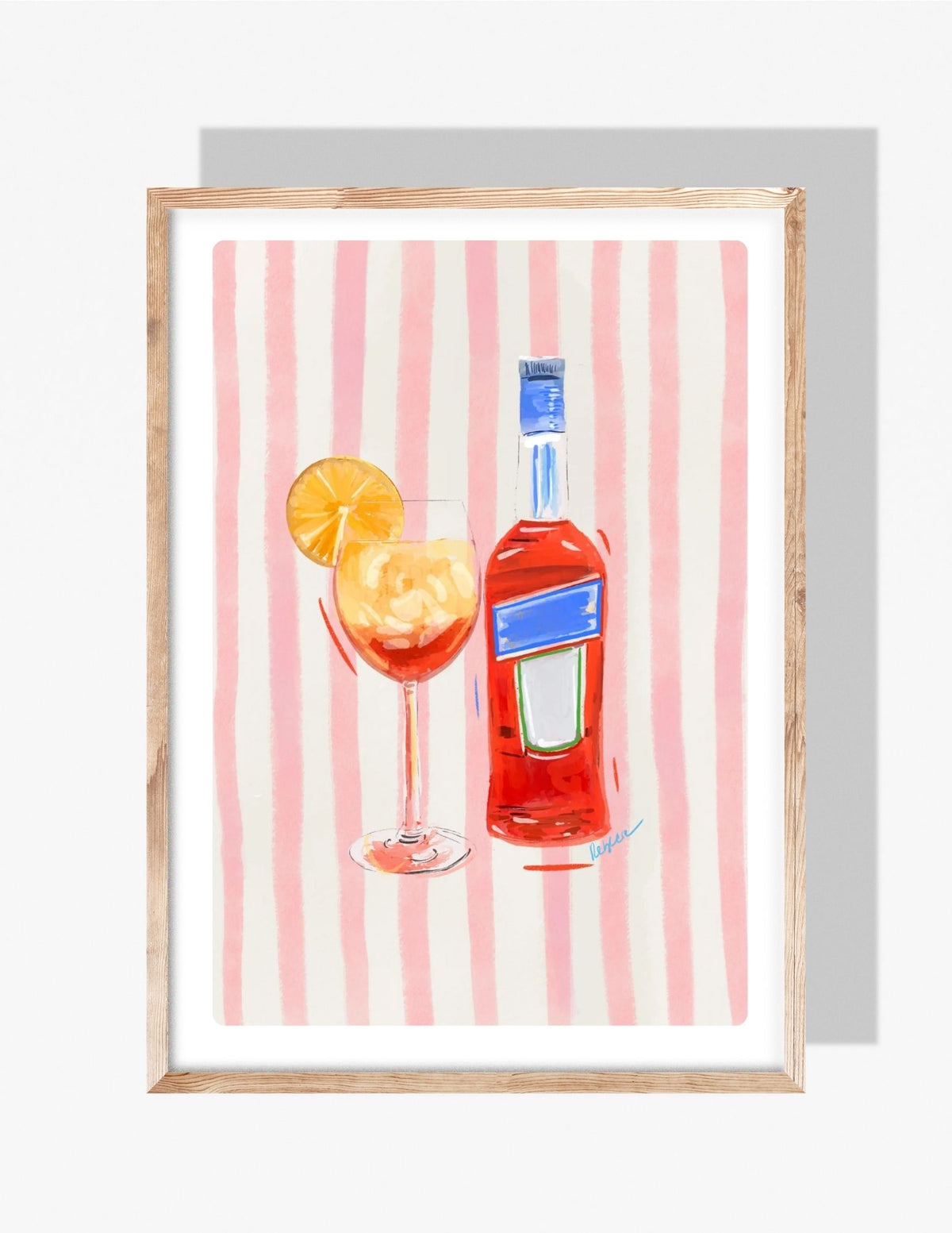 Watercolor style illustration of an orange spritz cocktail with citrus slices and a bottle, set against pink vertical stripes.