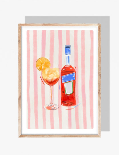 Watercolor style illustration of an orange spritz cocktail with citrus slices and a bottle, set against pink vertical stripes.