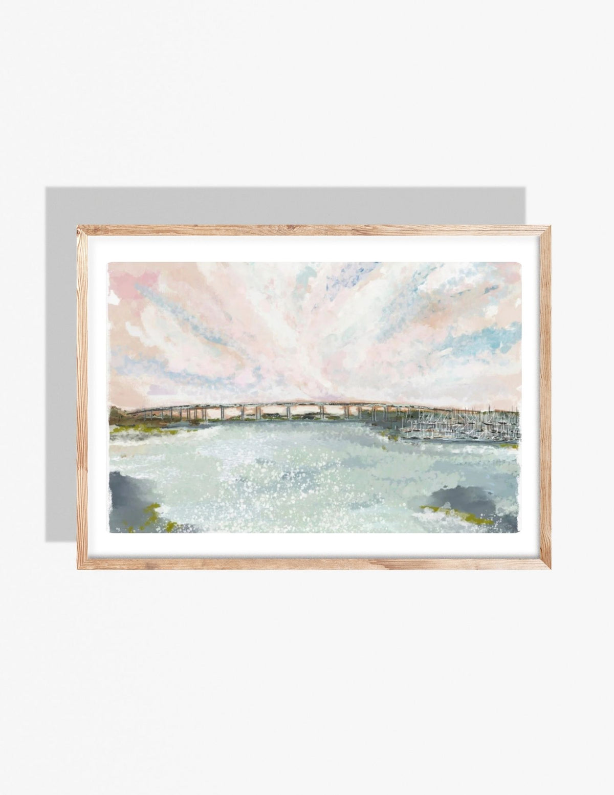 Pastel coastal illustration of the Stono River Bridge with shimmering water and a soft sky, artwork by Rebecca Illustrated.