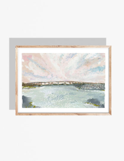 Pastel coastal illustration of the Stono River Bridge with shimmering water and a soft sky, artwork by Rebecca Illustrated.