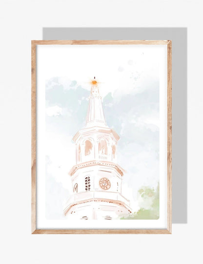 A soft pastel-style illustration by Rebecca Illustrated of the steeple of St. Philip’s Church in Charleston, South Carolina, set against a light sky.