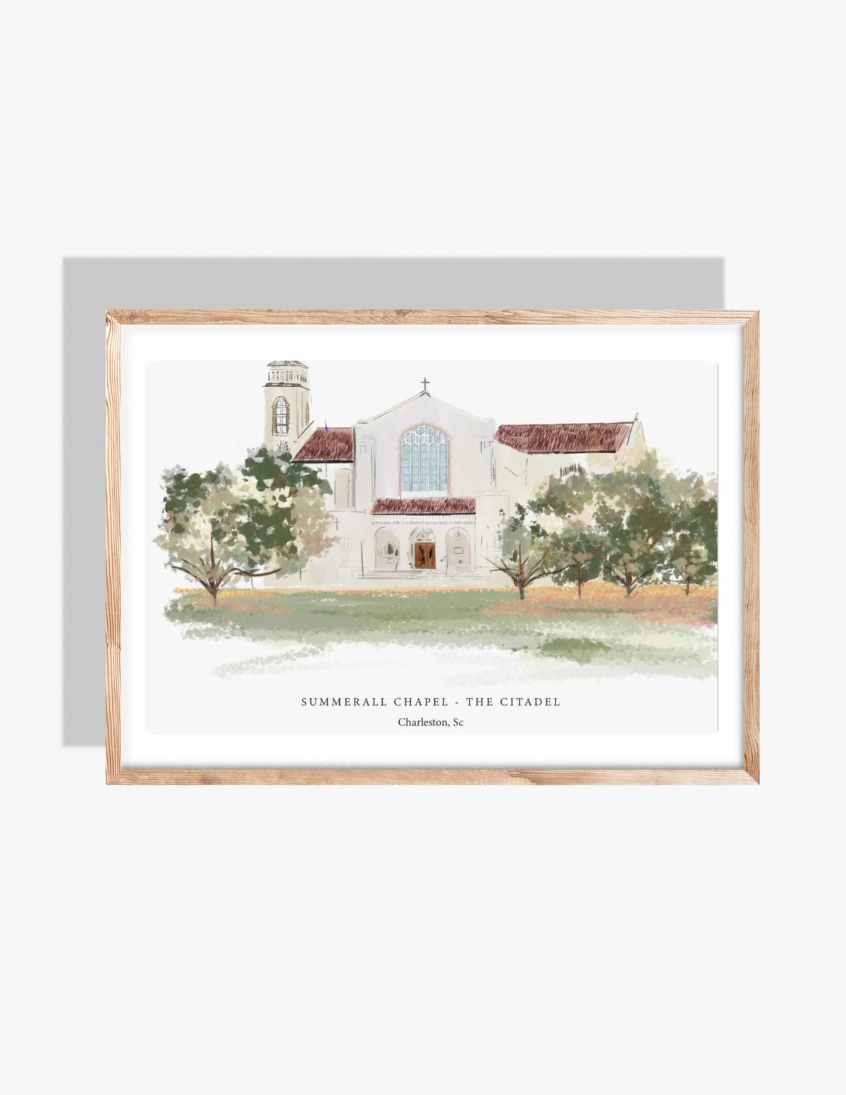 Watercolor-style illustration of Summerall Chapel at The Citadel in Charleston, SC, surrounded by trees, created by artist Rebecca Illustrated.