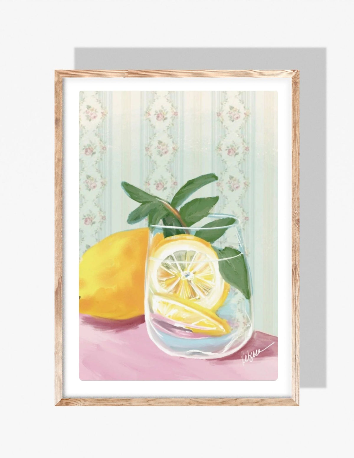 Pastel lemon still-life art print by Rebecca Illustrated featuring sliced lemons in a glass with greenery against vintage floral wallpaper.