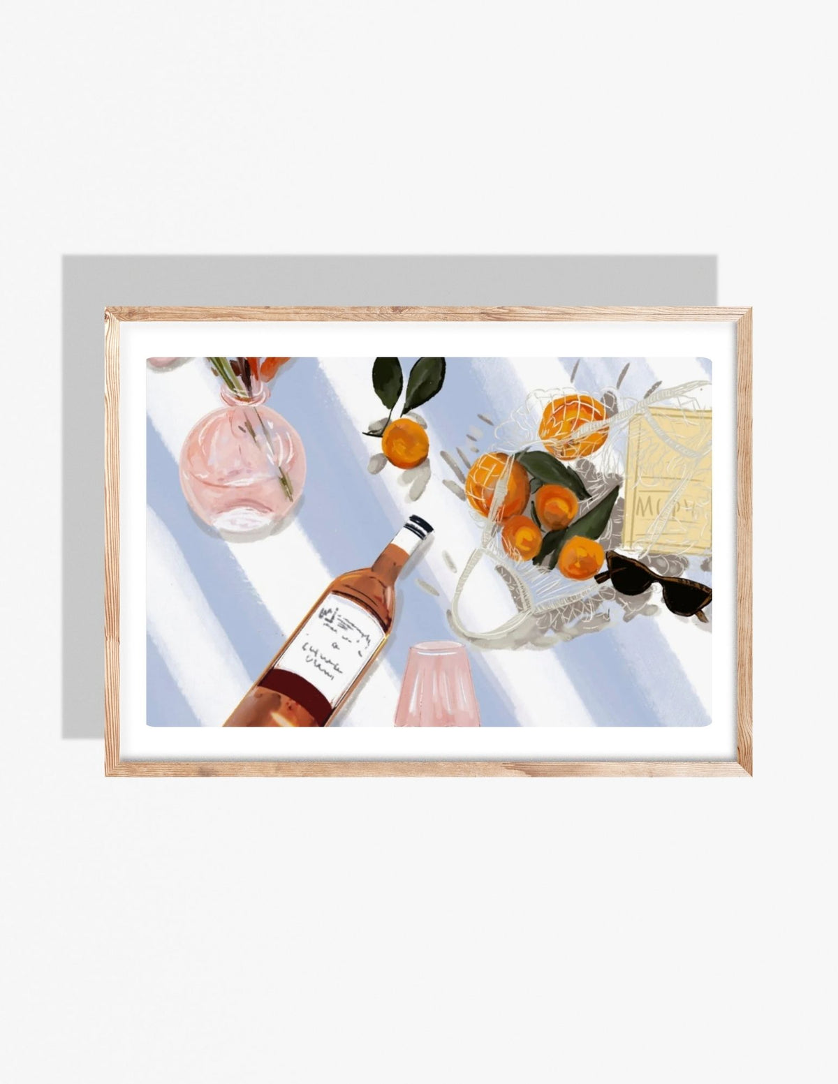 Still life illustration by Rebecca Illustrated featuring a bottle of rosé, oranges in a mesh bag, sunglasses, and a vase on a striped surface.