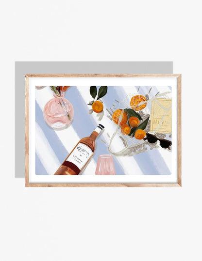 Still life illustration by Rebecca Illustrated featuring a bottle of rosé, oranges in a mesh bag, sunglasses, and a vase on a striped surface.