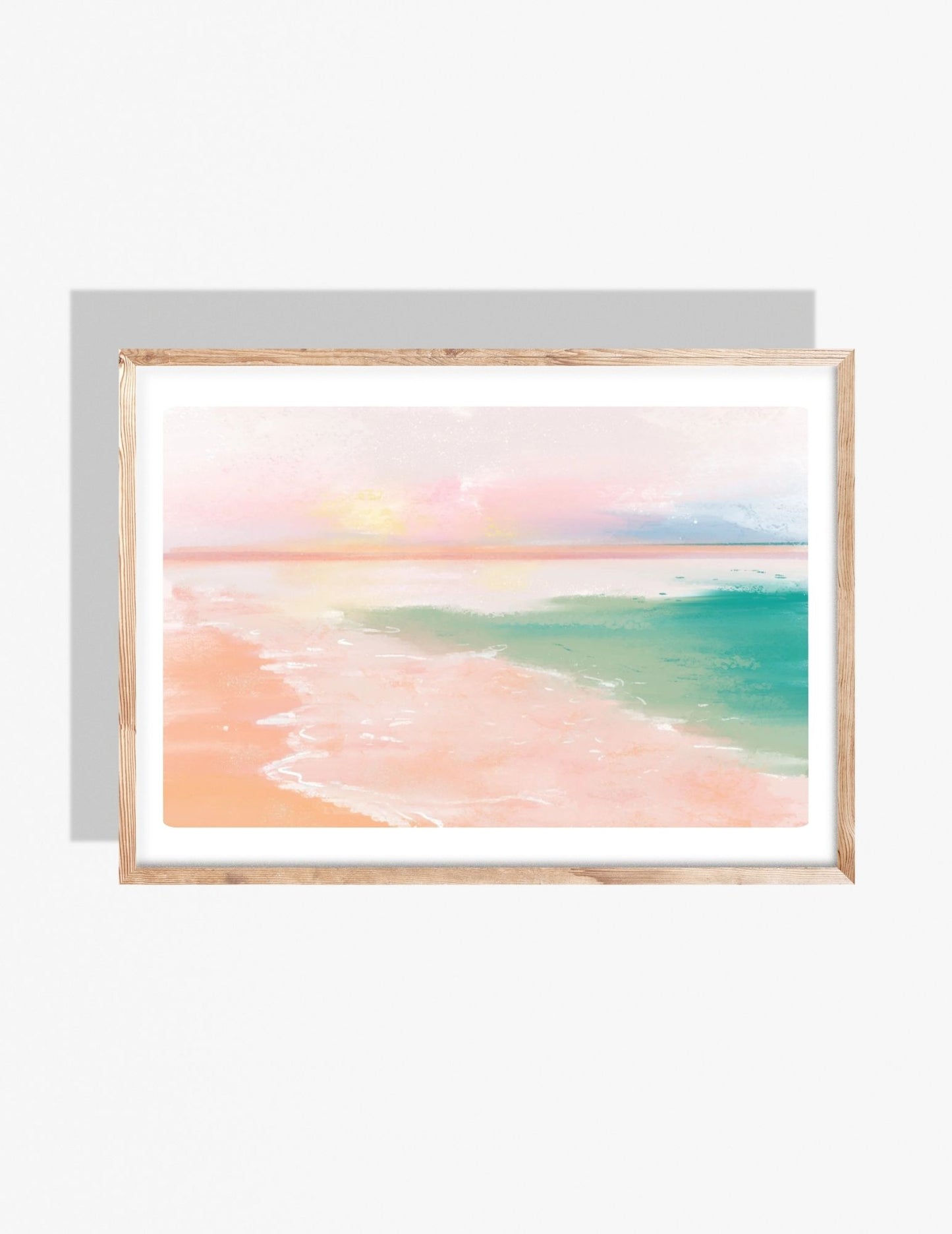 Pastel sunrise beach art print with soft pink and teal ocean waves, illustrated by Rebecca Illustrated