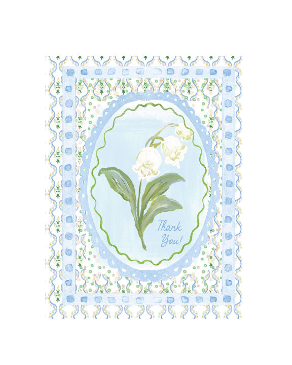 Illustrated thank-you greeting card featuring white lilies with a blue and green patterned border and “Thank you” text, by Rebecca Illustrated.
