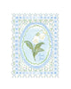 Illustrated thank-you greeting card featuring white lilies with a blue and green patterned border and “Thank you” text, by Rebecca Illustrated.