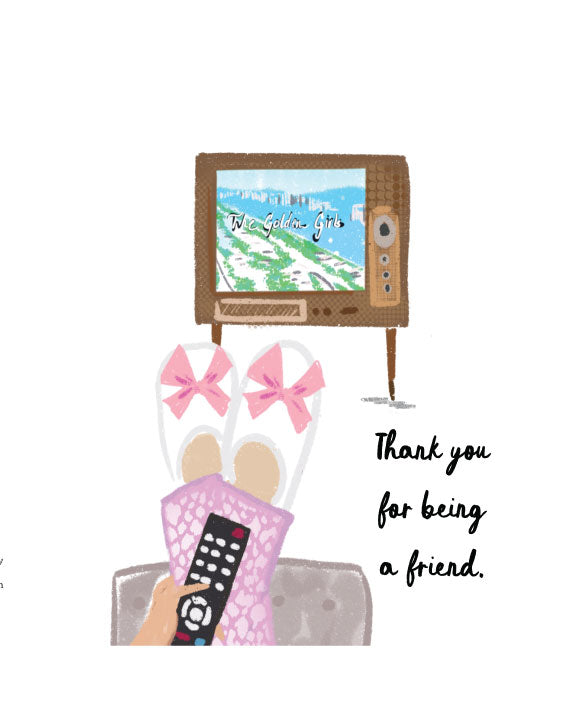 Friendship greeting card with illustrated cozy scene featuring slippers, a TV remote, and the words “Thank you for being a friend,” blank interior