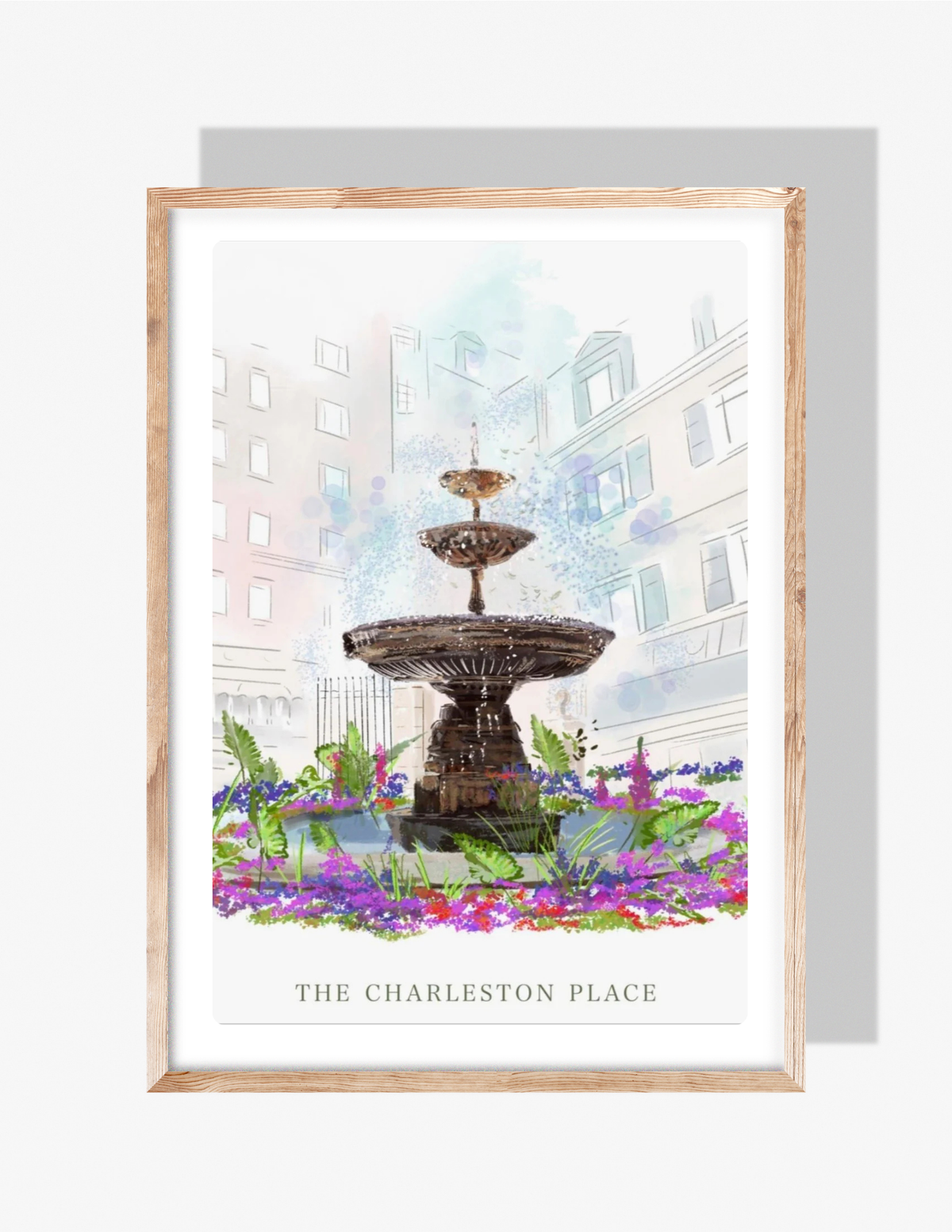 Illustration of The Charleston Place fountain surrounded by colorful flowers with historic buildings in the background, artwork by Rebecca Illustrated.