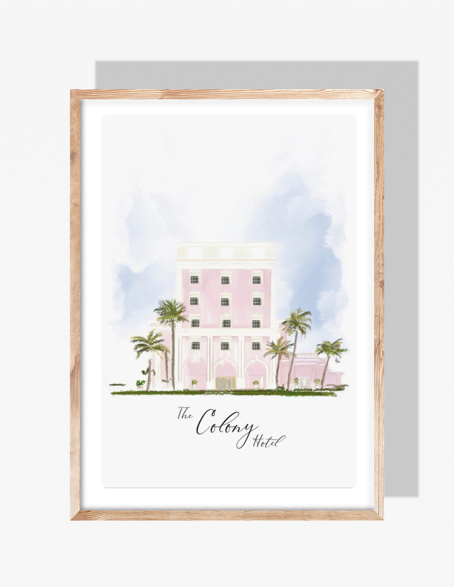 Art print illustration of The Colony Hotel in Palm Beach, a pink historic hotel with palm trees, created by artist Rebecca Illustrated.