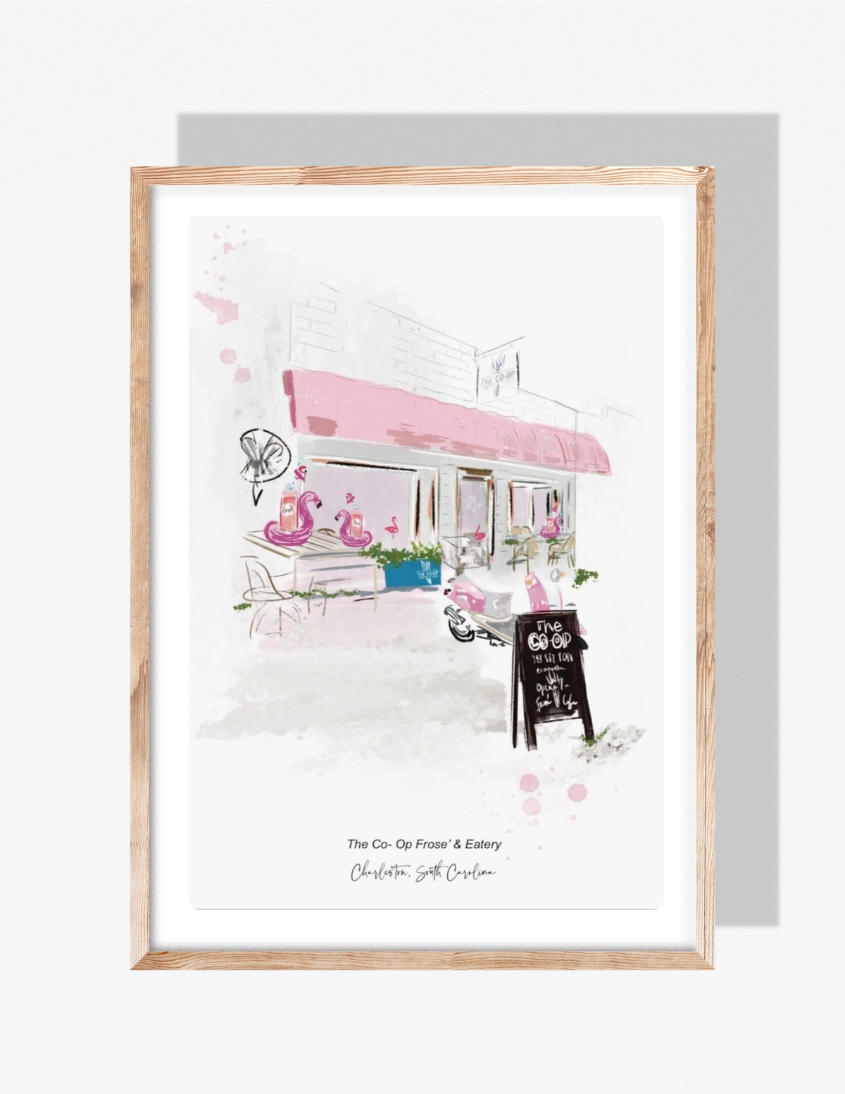 Illustration of The Co-Op Frosé & Eatery storefront in Charleston with pink awning, scooters, flamingo floats, and outdoor seating, by Rebecca Illustrated.