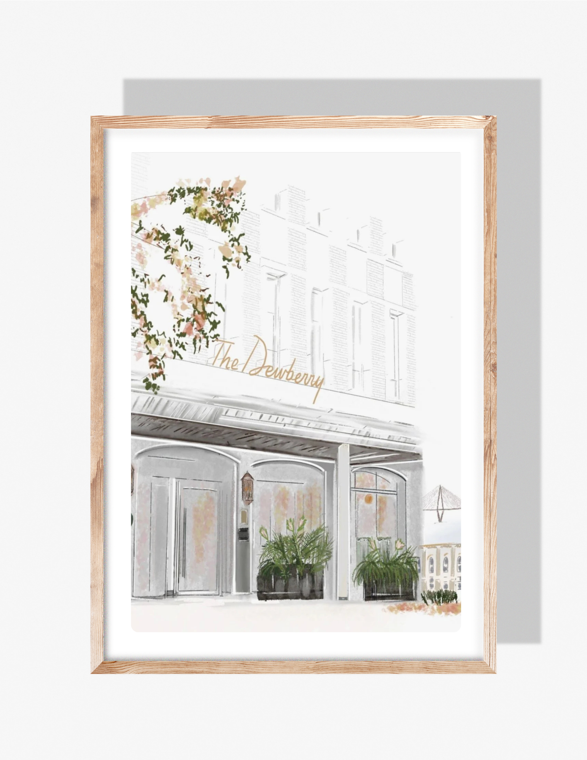 Watercolor illustration of The Dewberry Hotel in Charleston with greenery and architectural details, by Rebecca Illustrated.