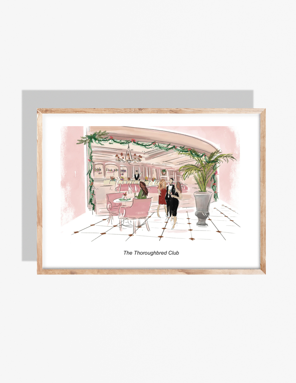 Illustrated scene of The Thoroughbred Club with pink seating, holiday garlands, and elegant interior details, artwork by Rebecca Illustrated.