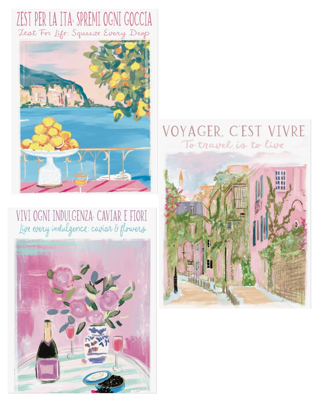 Three-piece European art set featuring an Italian lemon coast scene, a Parisian travel quote illustration, and a pink floral champagne table, by Rebecca Illustrated.