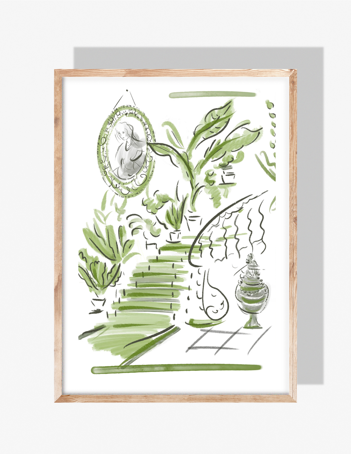 Illustration of a Tuscan-inspired entryway with staircase, greenery, and framed portrait, in green watercolor tones by Rebecca Illustrated.