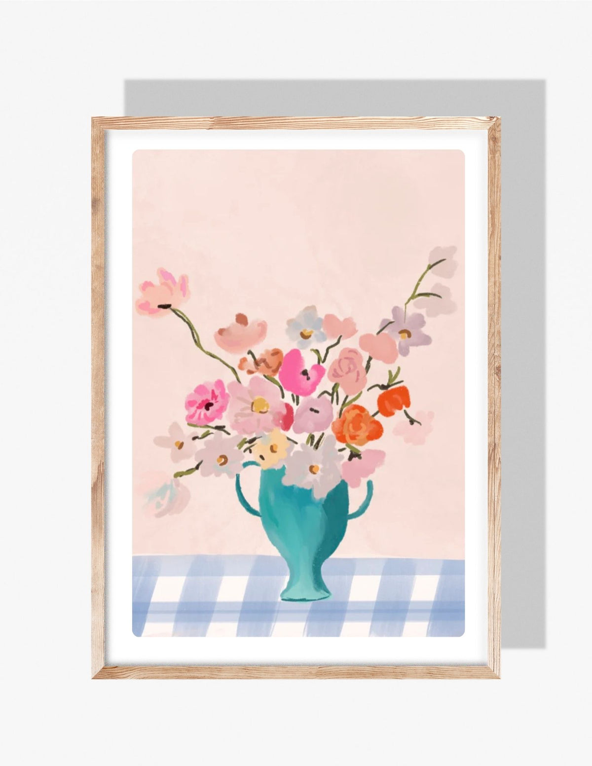 llustration of a turquoise vase filled with colorful flowers on a blue gingham tablecloth with a soft pink background — artwork by Rebecca Illustrated
