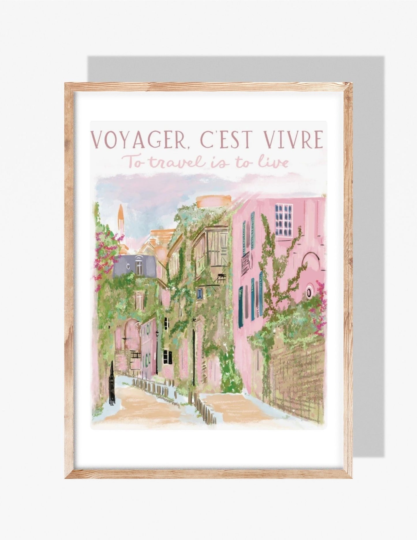 Illustration of a pastel European street with ivy-covered buildings and the French quote “Voyager, c’est vivre – To travel is to live,” created by artist Rebecca Illustrated.