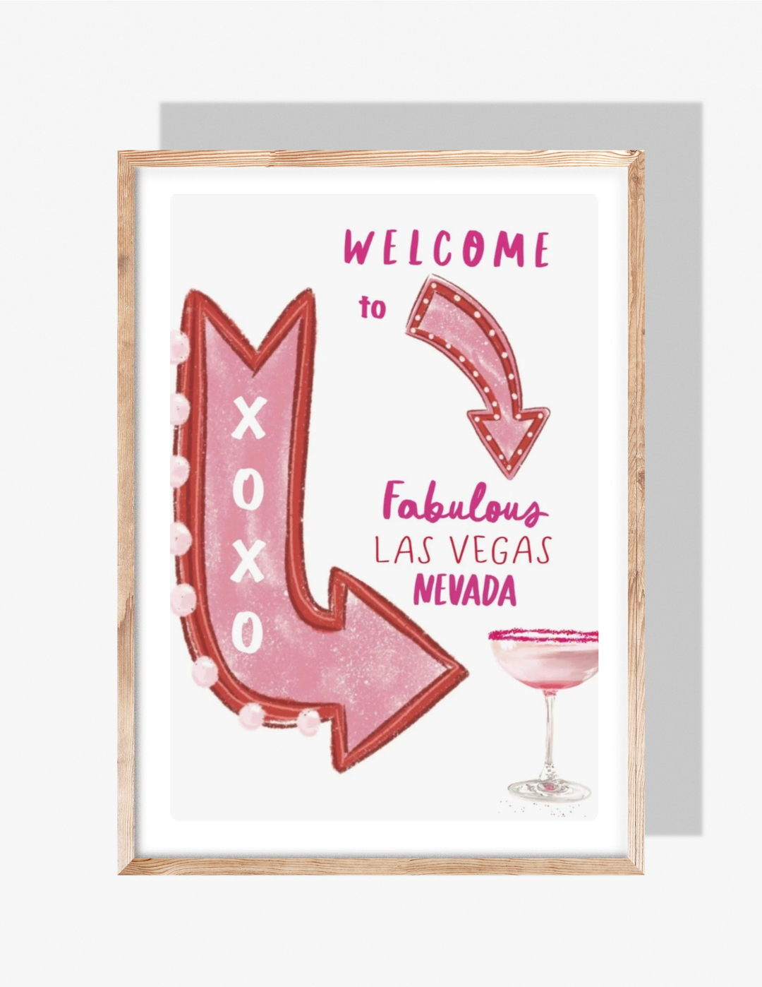 Pink Vegas-themed illustration with arrow signs, ‘Welcome to Fabulous Las Vegas Nevada’ text, and a pink cocktail.